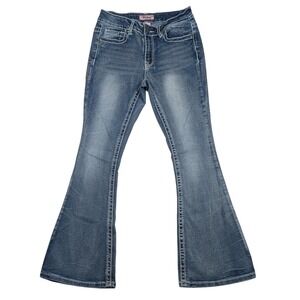 True Luck Flare Jeans Womens 9/10 Blue Medium‎ Wash Thick Stitch Western Cowgirl